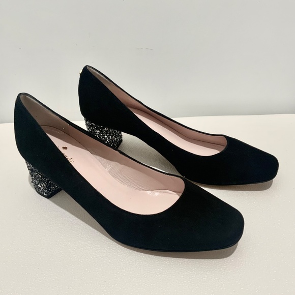 KATE SPADE Anastasia Block Heel Pump Black Suede Leather Dress Shoe Glitter Heel - Picture 2 of 9